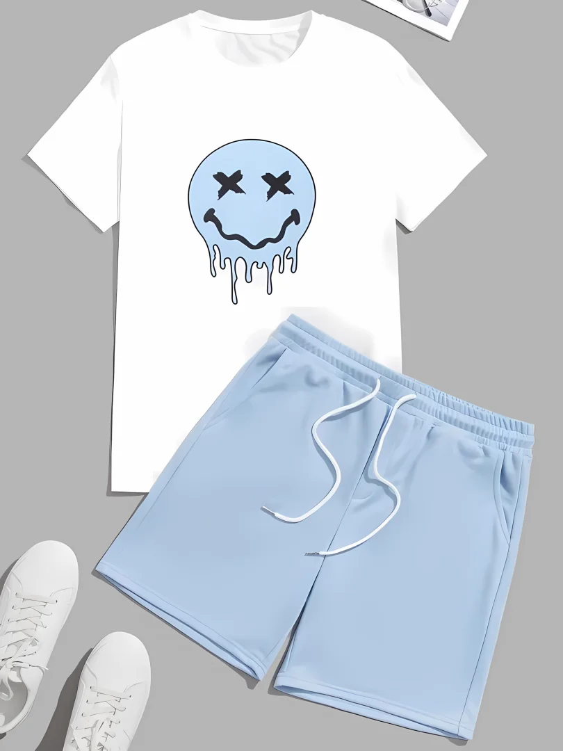 

Men's 3D printed fashionable T-shirt+shorts set, men's fun pattern short sleeved shorts, men's breathable quick drying top