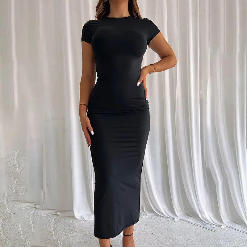 Summer women's slim fit elastic black and white round neck short sleeved T-shirt dress long dress women's clothing