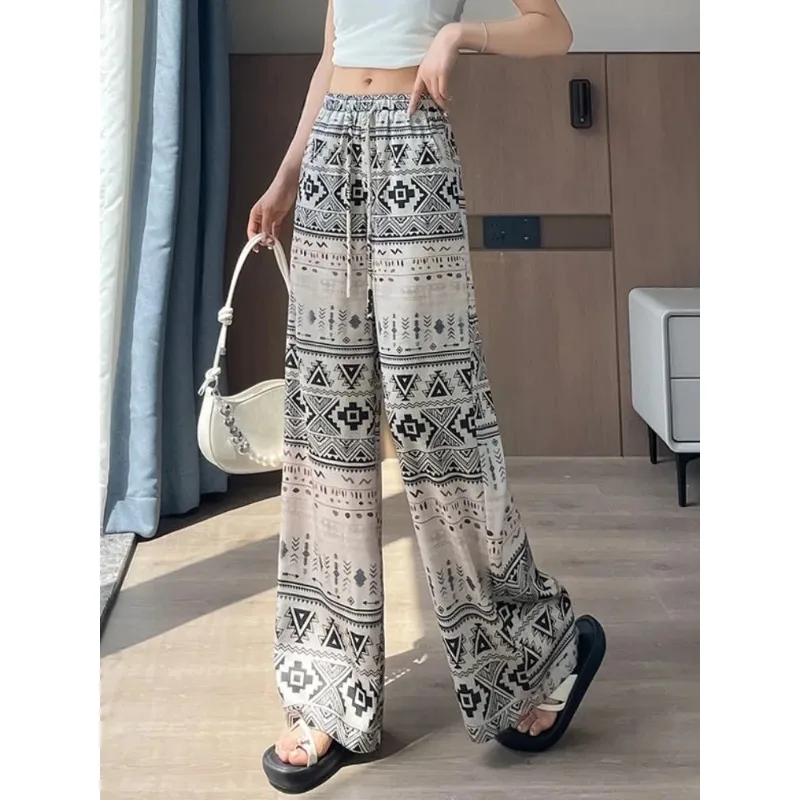 

Женские брюки-палаццо с ацтекским принтом, широкие штанины, высокая талия, со шнурком, свободного кроя