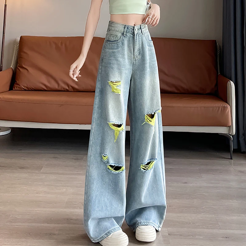

Корейские рваные джинсы для женщин, модные прямые джинсовые брюки на молнии с высокой талией, винтажные лоскутные повседневные широкие брюки