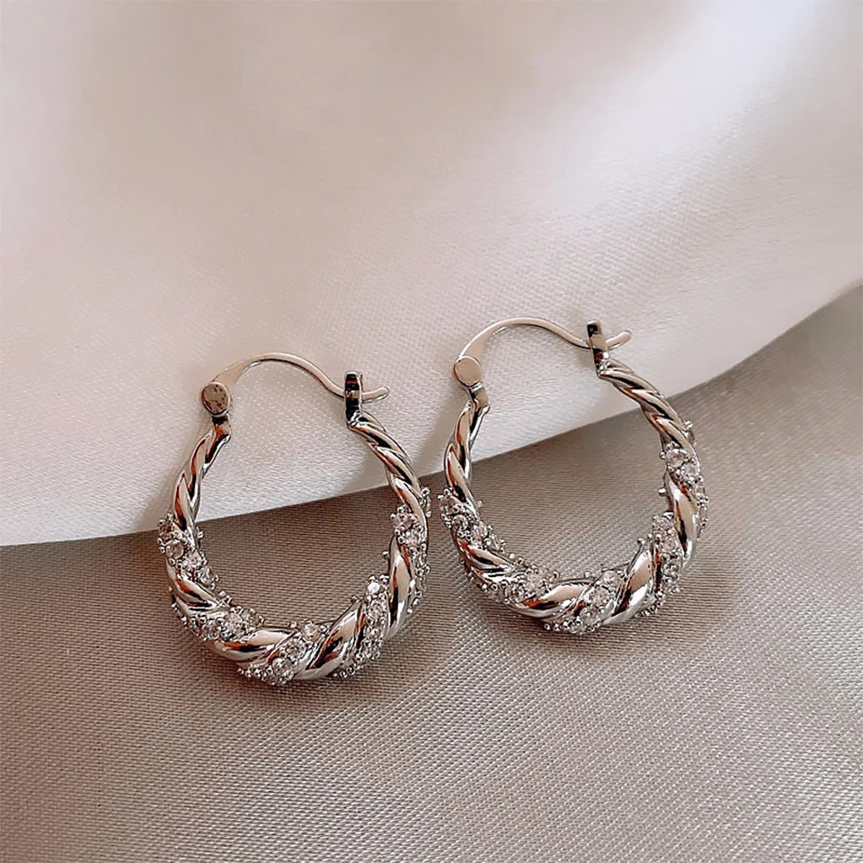 ZAKOL New Unique Shiny Zircon Winding Hoop Earrings for Women Fashion OL Style Gold Color Ear Accessories Party Jewelry image 2