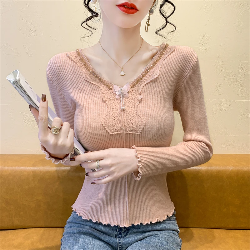 

2025, новинка, европейская, одежда, вязаный, свитер, женский, шикарный, сексуальный, с v-образным вырезом, лоскутное, кружево, бусины, бабочка, длинный рукав, пуловер, топы, 412136