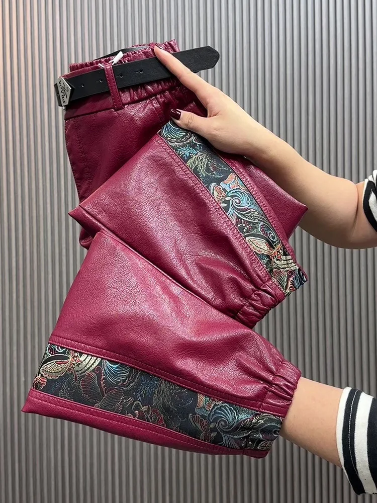 

High waist leather pants for women autumn winter loose slim Chinese style spliced straight leg leg Pu leather casual pants