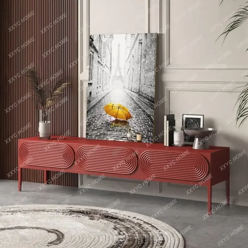 Minimalist Lacquered TV Cabinet Modern Simple Wine Red Audio-Visual Living Room Floor Storage Cabinet Floor
