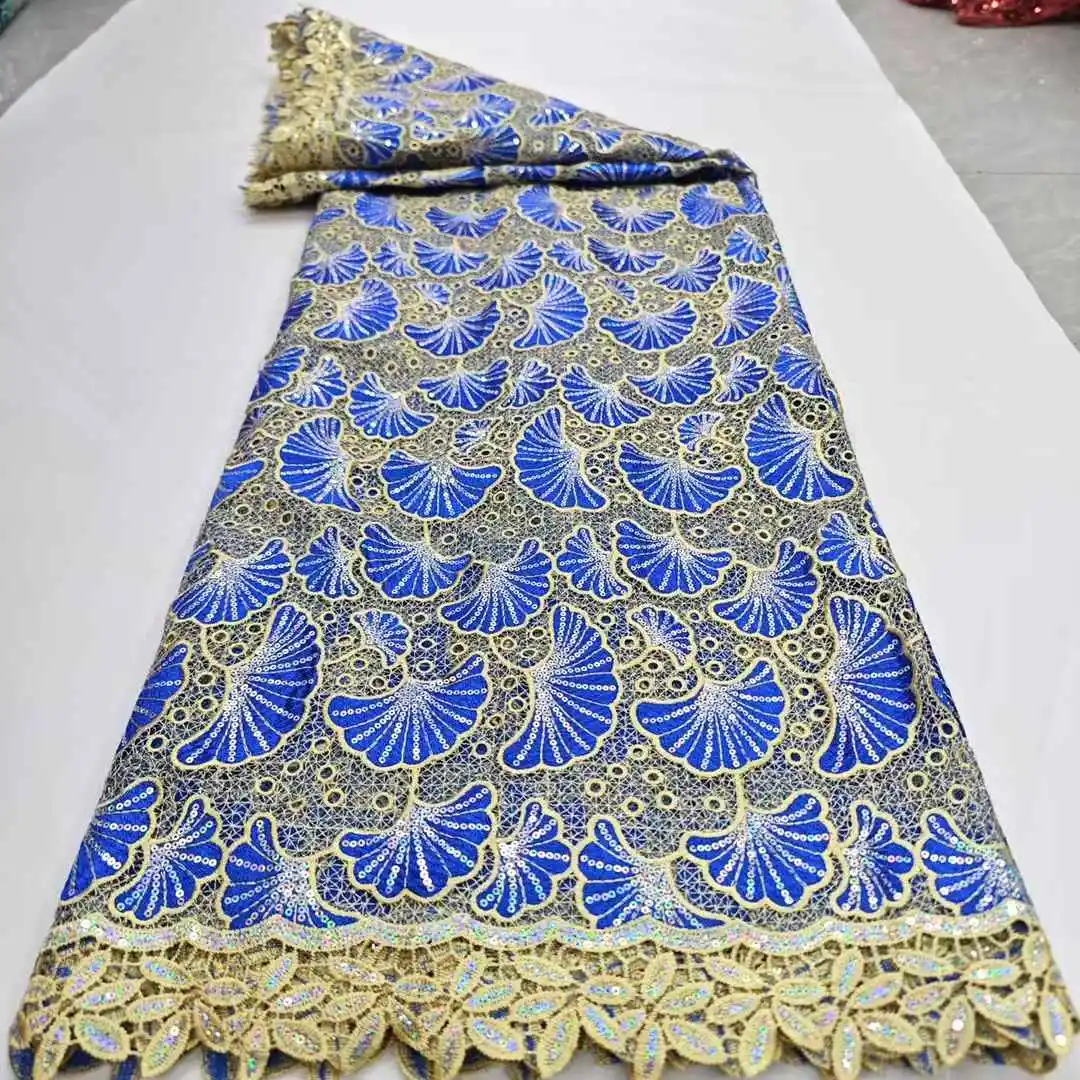 

African Guipure Cord Flocking Lace Fabric 2025 High Quality Nigerian Water Soluble Sequins Lace Fabric For Women Party Dress Sew
