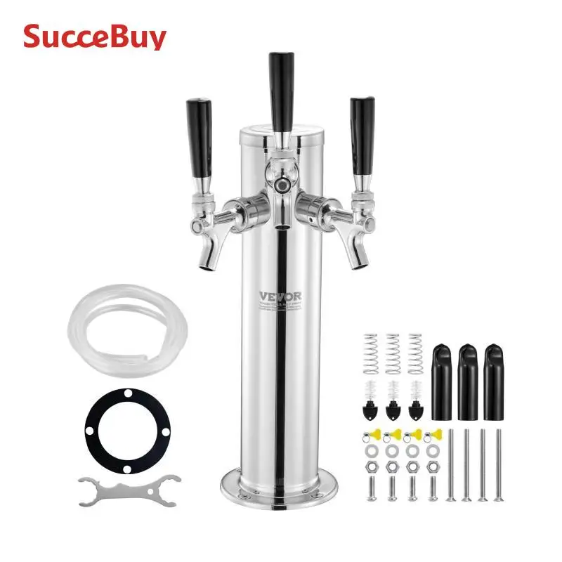 VEVOR Bierzapfturm mit 3 Zapfhähnen, Bierfassturm aus Edelstahl, Kegerator-Turm-Kit mit Vormontierten Schläuchen & selbstschließenden Zapfhähnen für Partys, Bars, Pubs und Restaurants