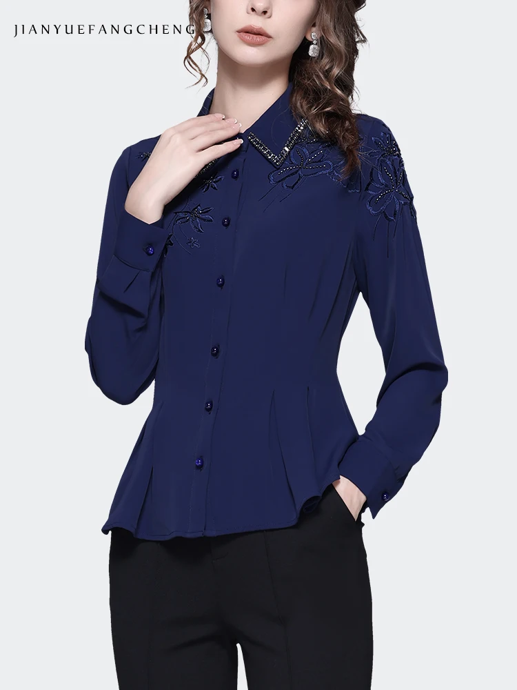 Vintage Embroidered Beaded Women Autumn Blue Pointed Collar Shirt Long Sleeve Elegant Slim Button-down Tops Casual Office Blouse