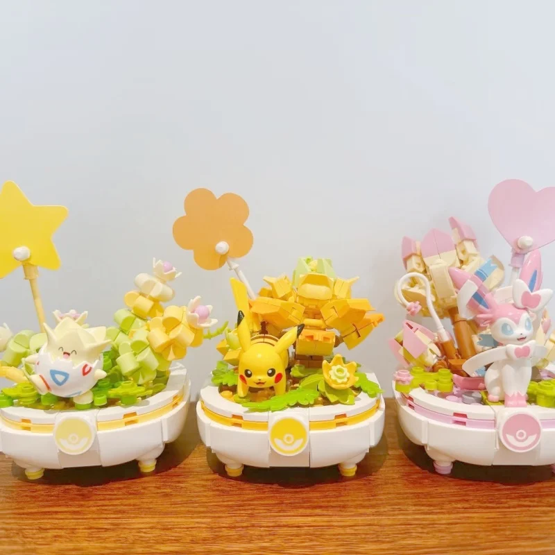 

New Anime Pokemon DIY Building Block Figure Toys Pikachu Sylveon Togepi Cartoon Model Home Decoration Plant Potted Flower Brick