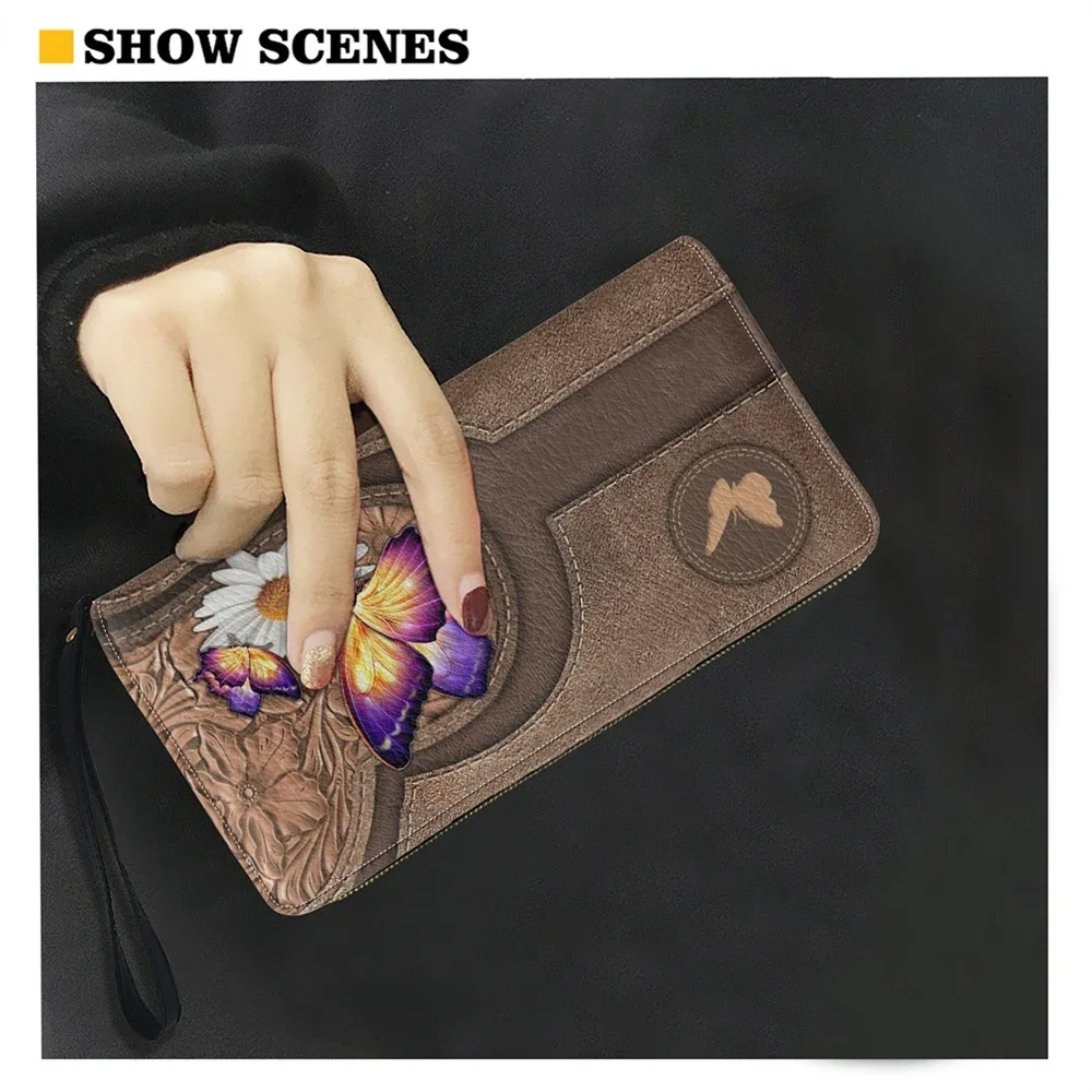 Wristlet Wallets for Women Butterfly with Daisy Print Leather Zipper Card Holder Female Cute Long Purse Clutch Money Bags Custom