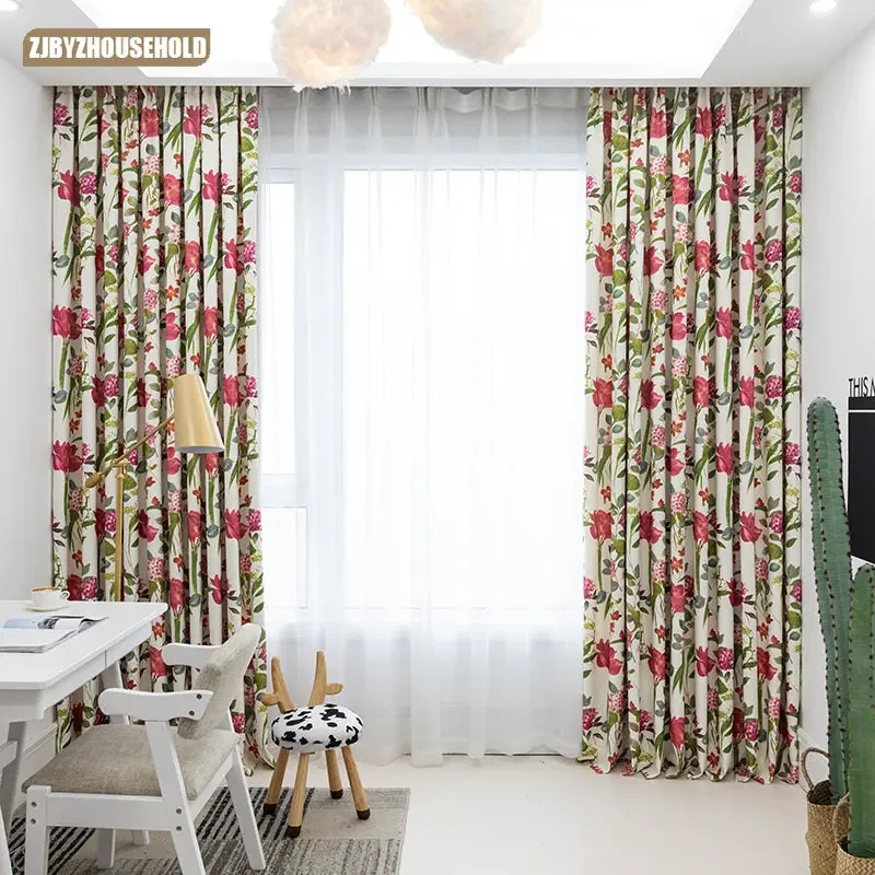 Garden Double-sided Non-glare White Silk Blackout Print Fabric Curtains for Living Dining Room Bedroom Thickened Curtain Fabric