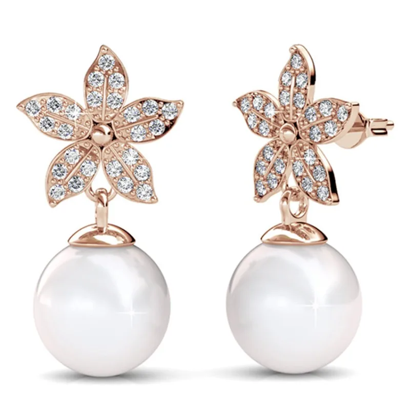 

Daisini Pearl Flower Drop Earrings with Swarovski Crystals Brass Jewelry 18k White Gold Plated Dangling Elegant Gift for Women