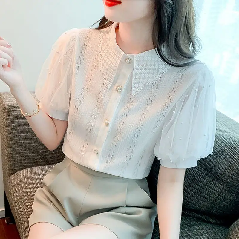 Womens Clothing Sexy Hollow Lace Mesh Beaded Chic Sweet Blouses Vintage Trendy Elegant Short Sleeve Button Shirts Y2K Fairy Tops