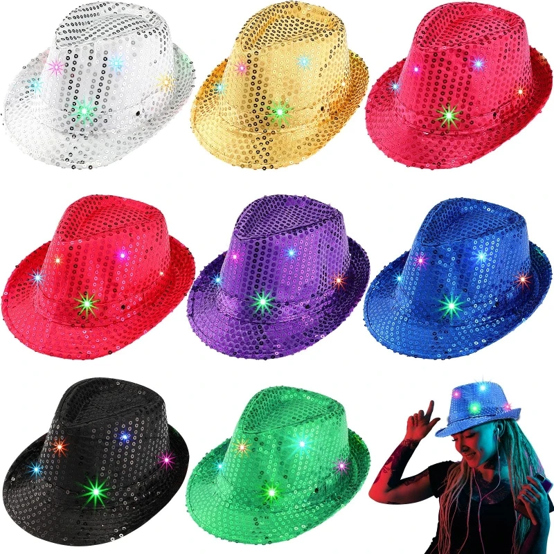 Led Flashing Jazz Cap Lighted Sequin Cowboy Hats Adult Unisex Hip Hop Dance Show Hat Noctilucent Costumes Stage Halloween Props