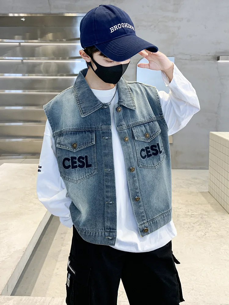 

Детский винтажный синий джинсовый жилет, повседневная куртка без рукавов с передним карманом для мальчиков-подростков, модный детский жилет