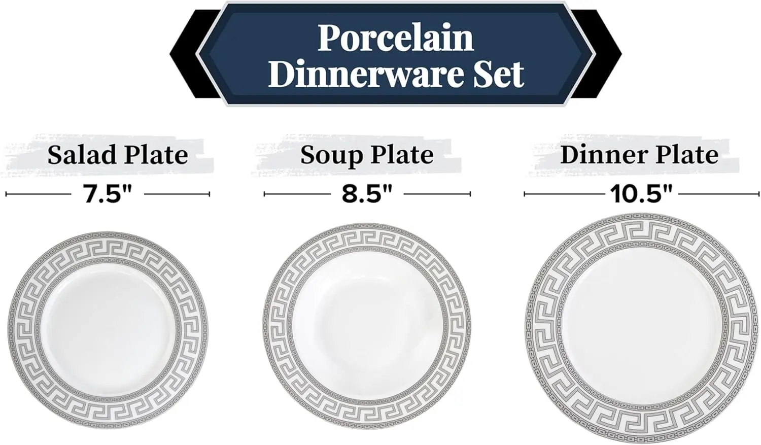 طقم أواني طعام فاخر مكون من 20 قطعة - خدمة لـ 4 أشخاص - تصميم حافة مفتاح يونانية فضية عتيقة - أطباق وأوعية سيراميك أنيقة - Cl