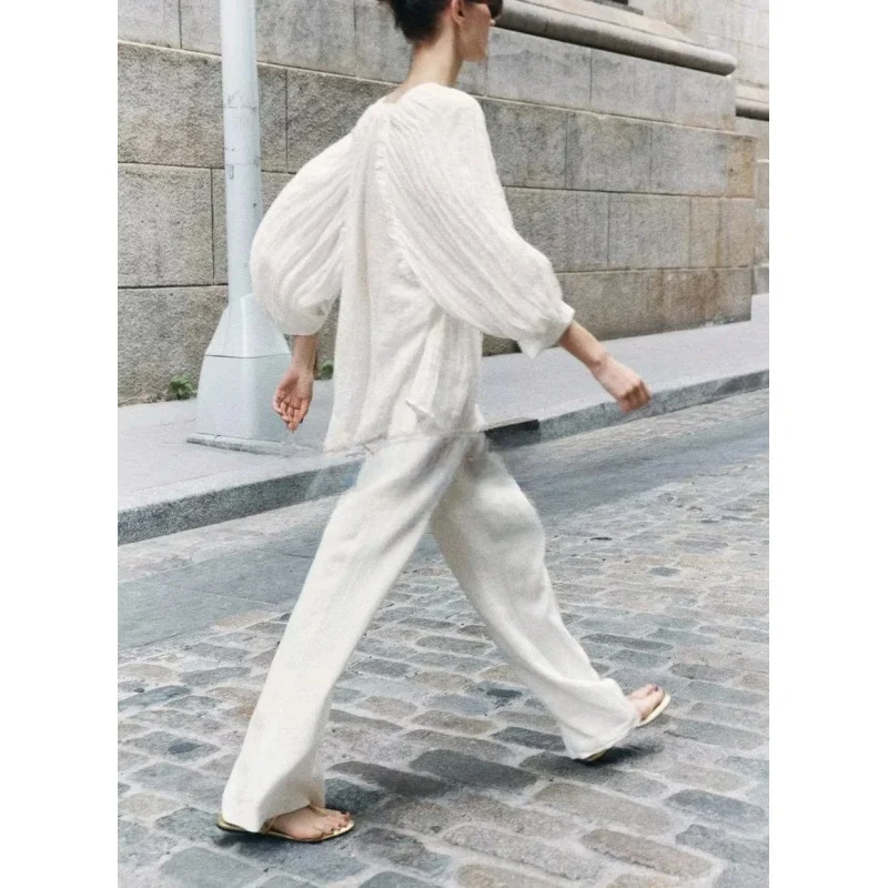 Lente Nieuwe Lazy Sle V-Ne Lange Sve Geplooide Losse Blend irt Polyestervezel 00% Bubble Sve Midi Lengte irt