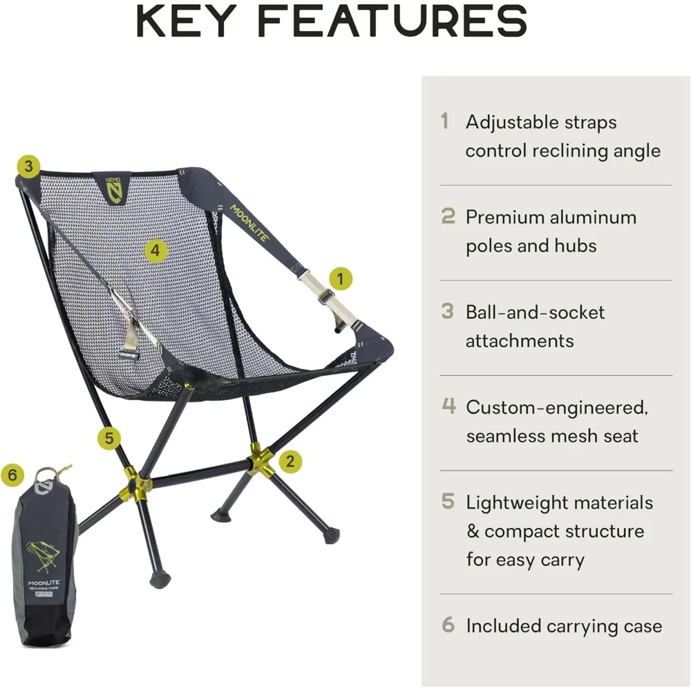 Moonlite Reclining Camp Chair, Mochila portátil e Camping Chair, Opções ajustáveis e dobráveis, Black Pearl