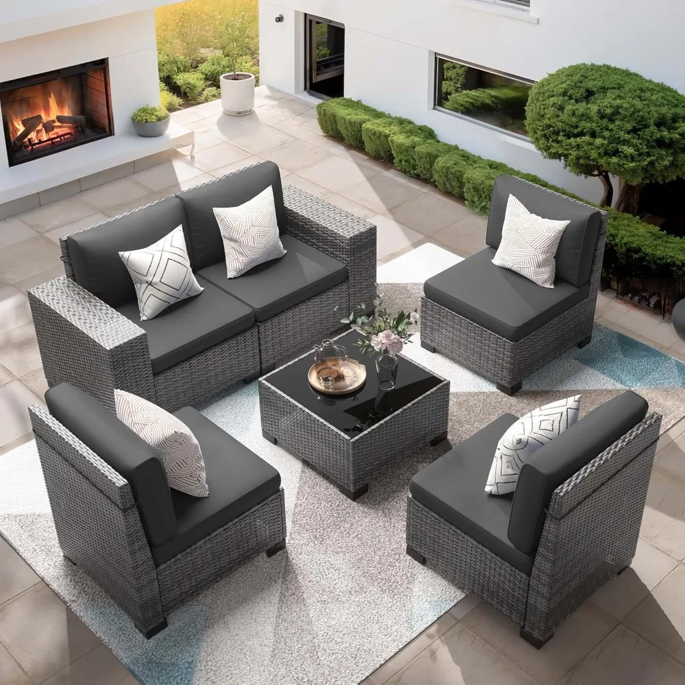 

Patio Furniture Set, 6 Pieces Outdoor Sectional Sofa Conversation Sets, PE Rattan Wicker Seating Set, 4'' Thickened Cushions