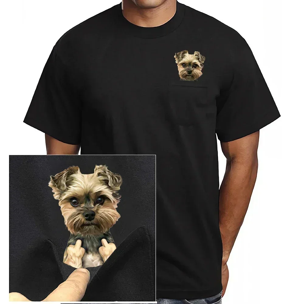 CLOOCL Yorkshire Cotton T-Shirts Cute Dogs Double Middle Finger Print Pocket T-shirt High-quality Mens Women Short Sleeve Shirts