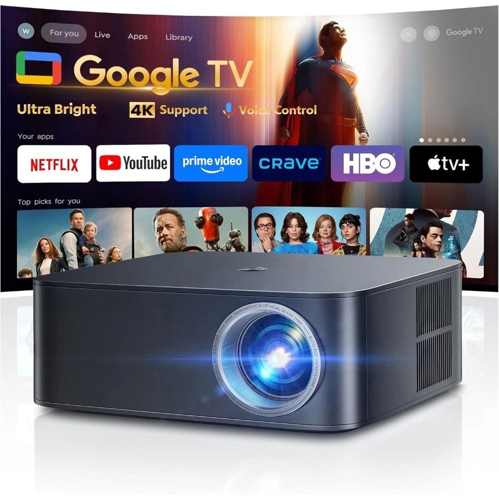 

Проектор Smart TV 4K Google TV с ультраярким изображением, Wi-Fi 6, Bluetooth, автофокусом, 1080P для домашнего кинотеатра и просмотра фильмов на улице, доставка из США