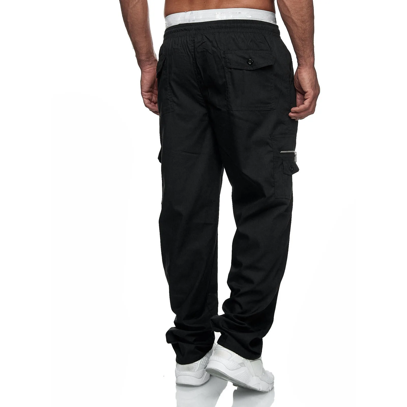 Men's Joggy Sport Casual Sweatpants 2024 Solid Color Black Drawstring Multi-Pockets Long Pants Plus Size Loose Straight Trousers