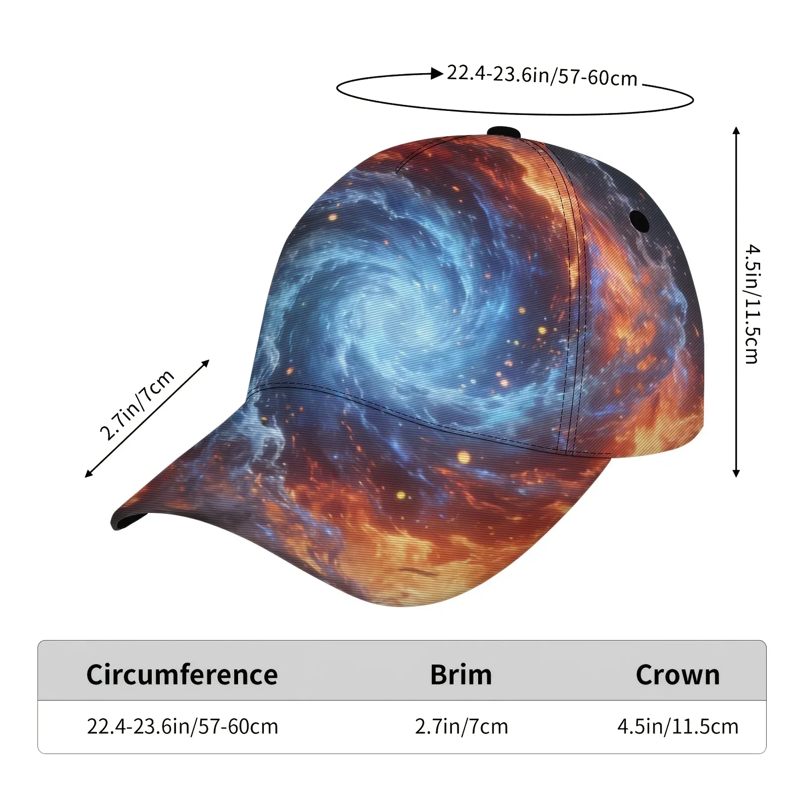 Custom Hats This Fresh Baseball Cap Showcases A Breathtaking Cosmic Spiral Pattern (Lively Blue And Orange Nebula, Starry