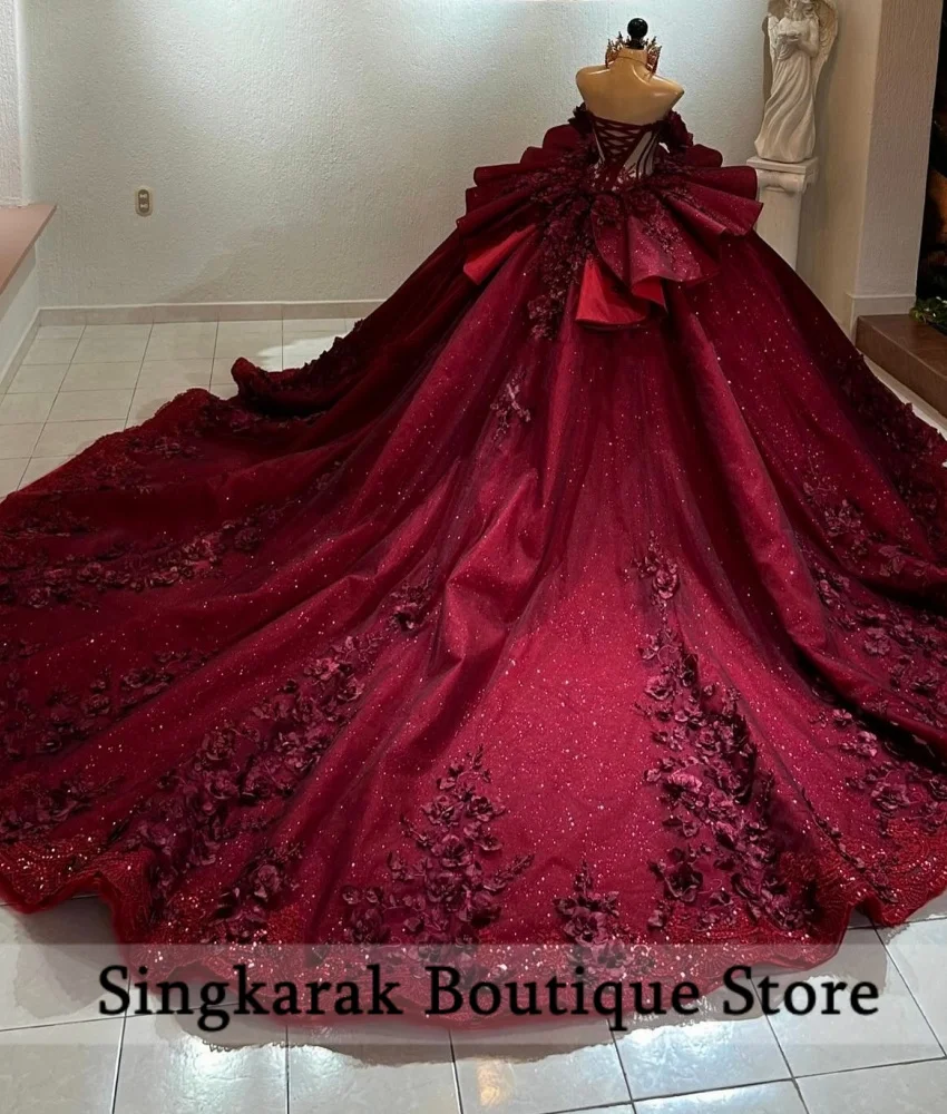 Real Photo Luxury Wine Red Ball Gown Quinceanera Dres Bead Crystals Gems 3D Floral Appliques Vestido De 15 Anos  Customized 