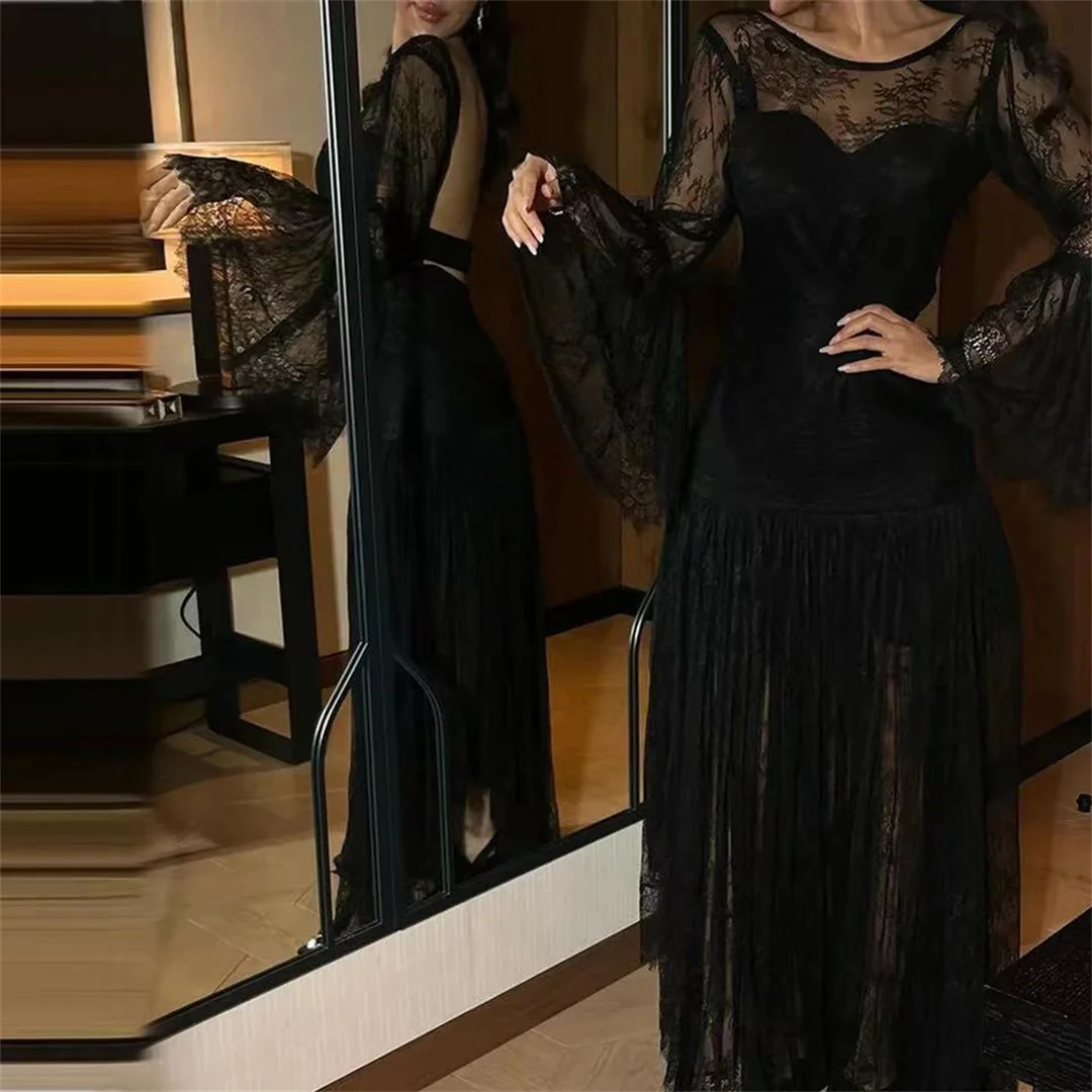 OIMG Boat Neck Prom Dresses A-Line Lace Flare Sleeves Black Sexy Backless Women Evening Gowns Formal Party Dress