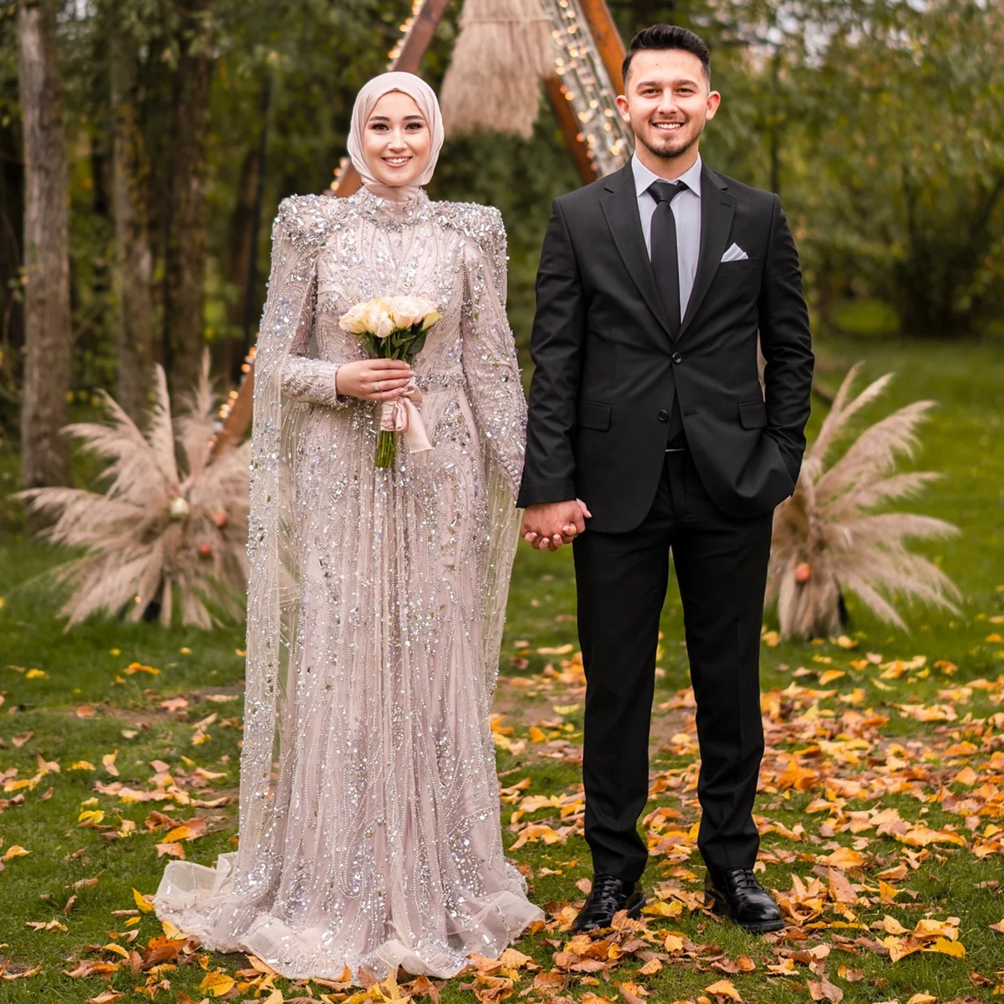 

Sharon Said Luxury Champagne Long Sleeves Evening Dress with Cape for Women Wedding Party Prom Gowns Arabic SS366 Customized