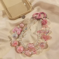 Short Wrist Chain Wave Dot Bow Handmade Beaded Pearl Pendant Mobile Phone Lanyard Love Crystal Bead Double Chain cute lanyard