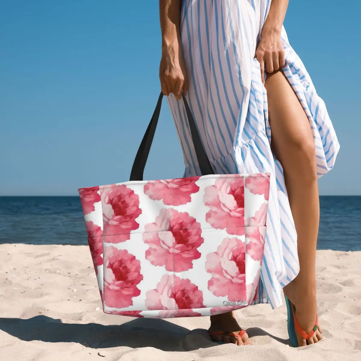 Borsa da viaggio da spiaggia con peonia rosa fiore, borsa tote Borsa a tracolla sportiva per lo shopping personalizzabile Modello multi-stile