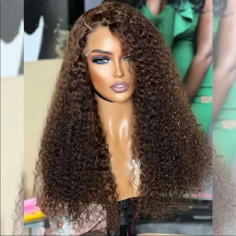 Peluca rizada de encaje Frontal para mujeres negras, pelo de bebé prearrancado, Marrón Natural, 26 ", densidad de 180