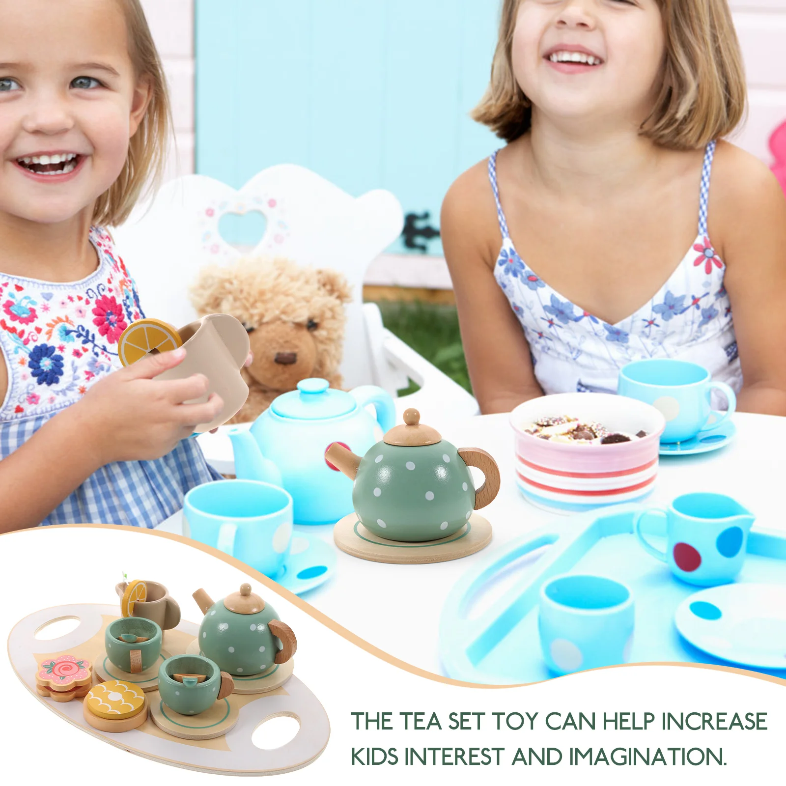 1 ensemble 1 ensemble de jeu de fête en bois pour enfants en bas âge Miniature enfant en bas âge semblant accessoires dessin animé théière jouer accessoires de cuisine