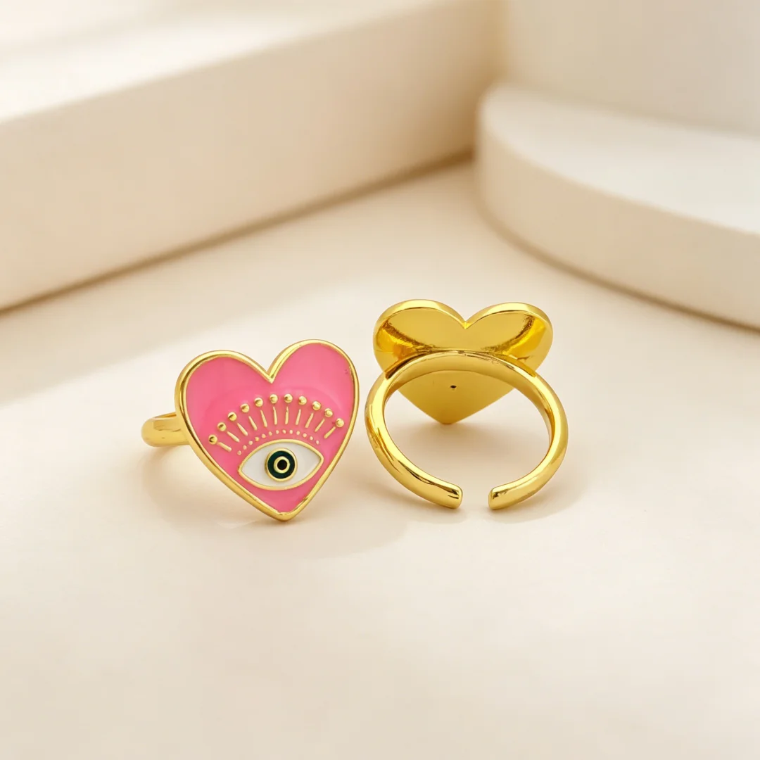 2 Pcs Heart Shape Evil Eye Enamel Cherry Cubic Zirconia Open Ring Adjustable Gold Plated Rings for Women Men Stackable Jewelry