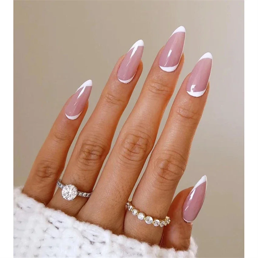 24Pcs/Set White Long Almond Fake Nails Art Black Heart Oval Artificial Removable Acrylic Press on Nail Hot Sale Stick on Nails