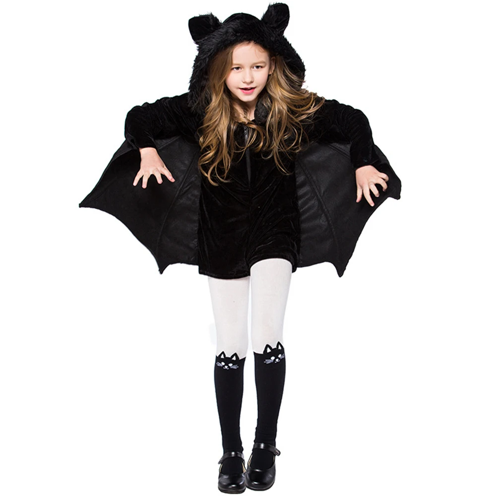 Kids Girls Black Bat Hooded Cape Children's Halloween Role-playing Costume Carnival Party Stage Performance Cosplay Jumpsuit New