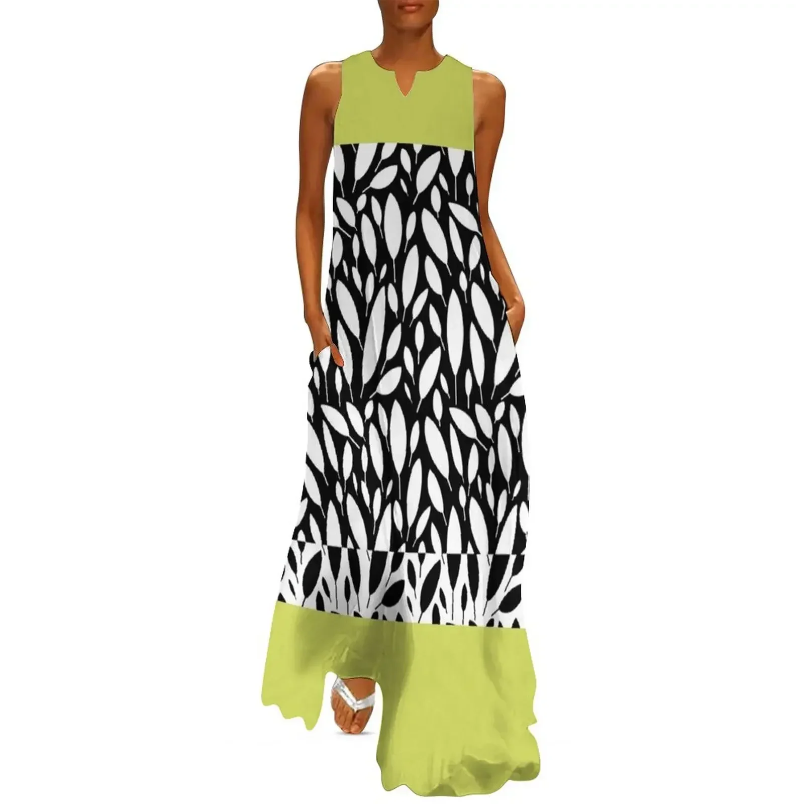 

White Leaves on Black and lime green Pattern Long Dress women's evening dresses 2025 purple dress summer dresses Dress