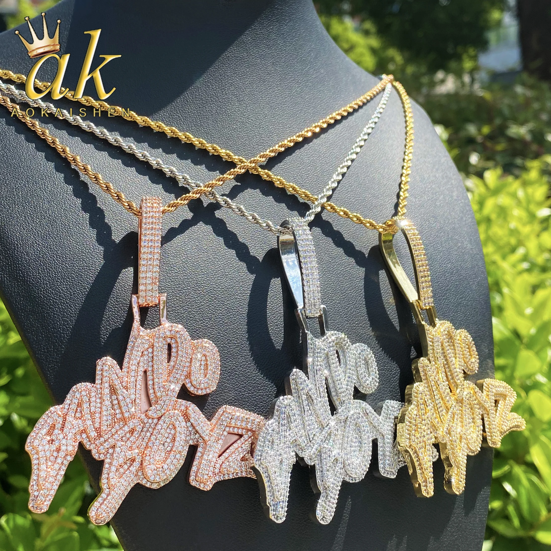 Aokaishen Iced Out Bando Boyz  for Men Necklace Pendant Real Gold Plated Cubic Zirconia Hip Hop Jewelry
