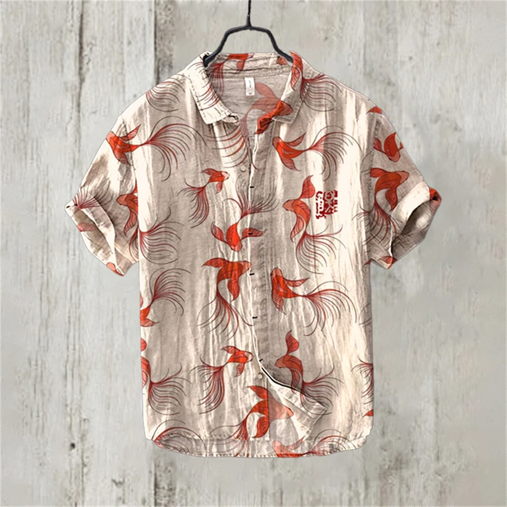 Men's Short Sleeve Linen Printed Shirt 2024 Japan Hot Selling Carp Print Holiday Daily Casual Wear Large Size XS-5XL