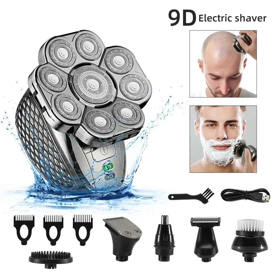 Men's Bald Head Electric Shaver 9 Blades Floating 6In1 Heads Beard Nose Ear Hair Trimmer Clipper Facial Brush Rechargeable Razor