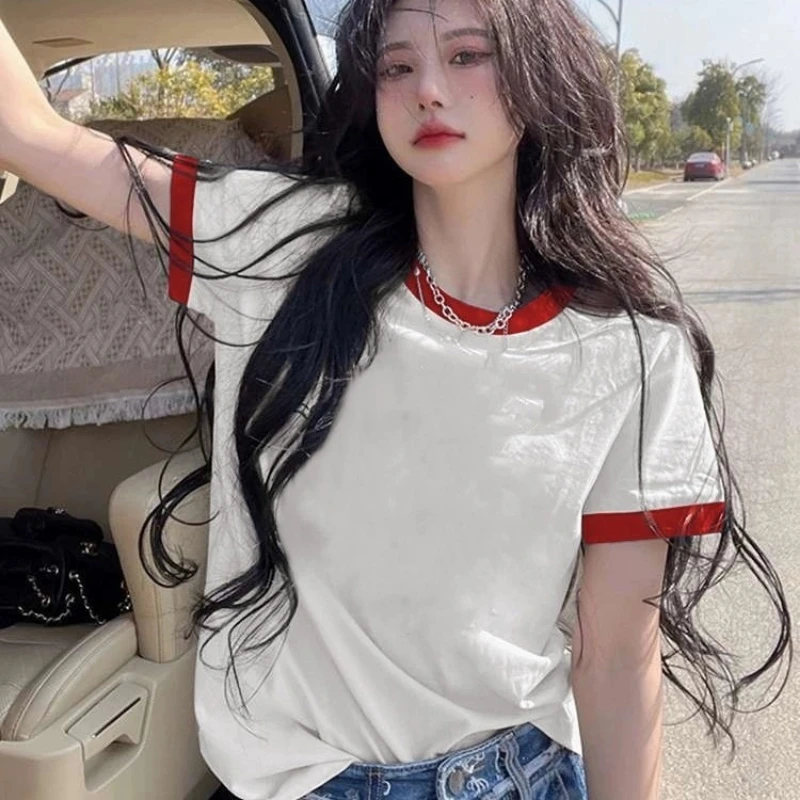 

Women Clothing Youth Patchwork Contrast Korean Tops Tees Summer New Short Sleeve Plus Size Loose Vintage T Shirts Fashion Trend