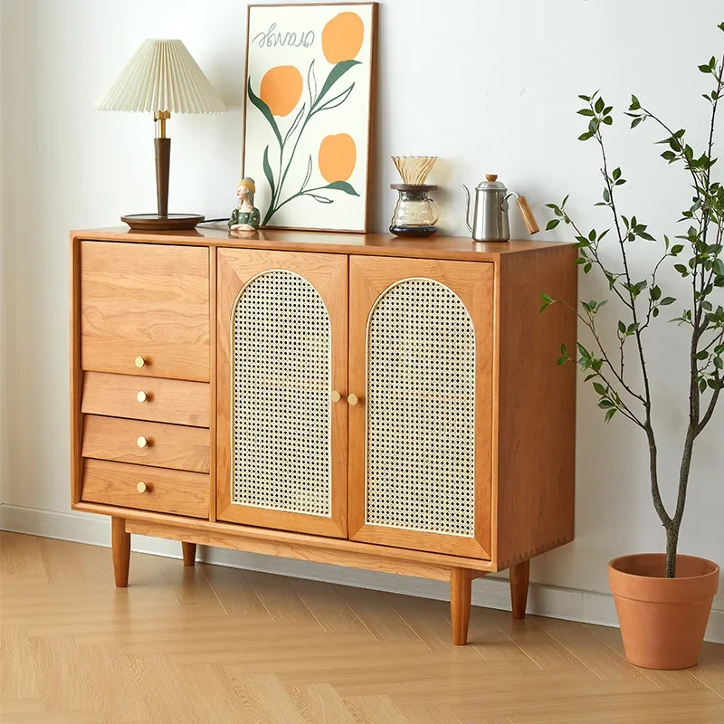 

Nordic solid wood dining side cabinet cherry wood rattan wine cabinet retro simple storage locker kitchen wall locker