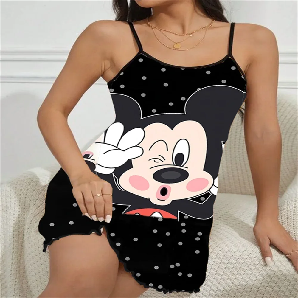 Summer Sleeveless Sleepwear for Women Sexy Luxury Female Suspender Sleeping Dress Disney Mickey Pattern Print Women's Pajama