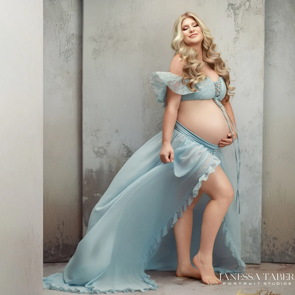 

Elegant Blue Maternity Photoshoot Dress Sheer Chiffon Split Gown Off Shoulder Pregnancy Outfit Baby Shower Photography Boutique