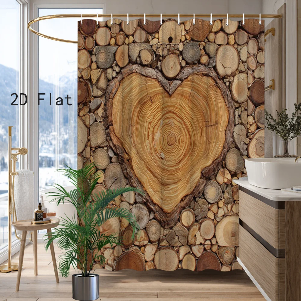 

Heart Wood Grain Shower Curtain, Rustic Nature Bathroom Decor, Waterproof Fabric Bath Curtain with Hooks