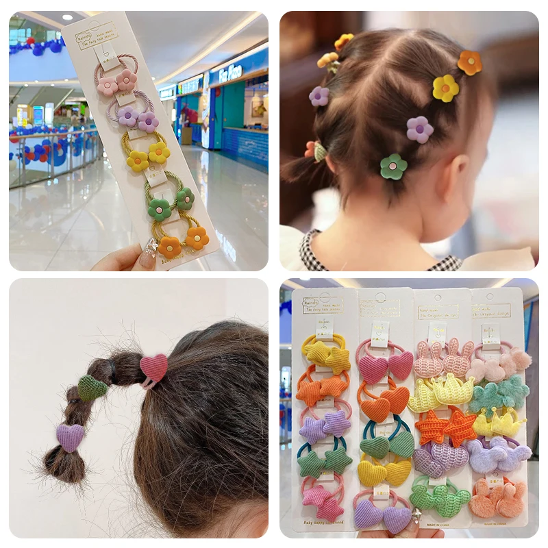 2/10 Pcs/Set Baby Girls Cute Cartoon Flower Hairball Scrunchies Rubber Bands Children Sweet Hair Bands Kids Hair Accessories