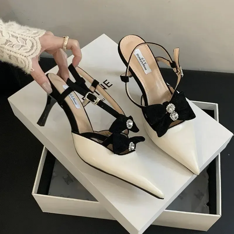 Summer Black Pointed Bow Sandals Straps Temperament Costumes 2024 Bling Rhinestone High Heels Shoes Ankle Accessories for Women