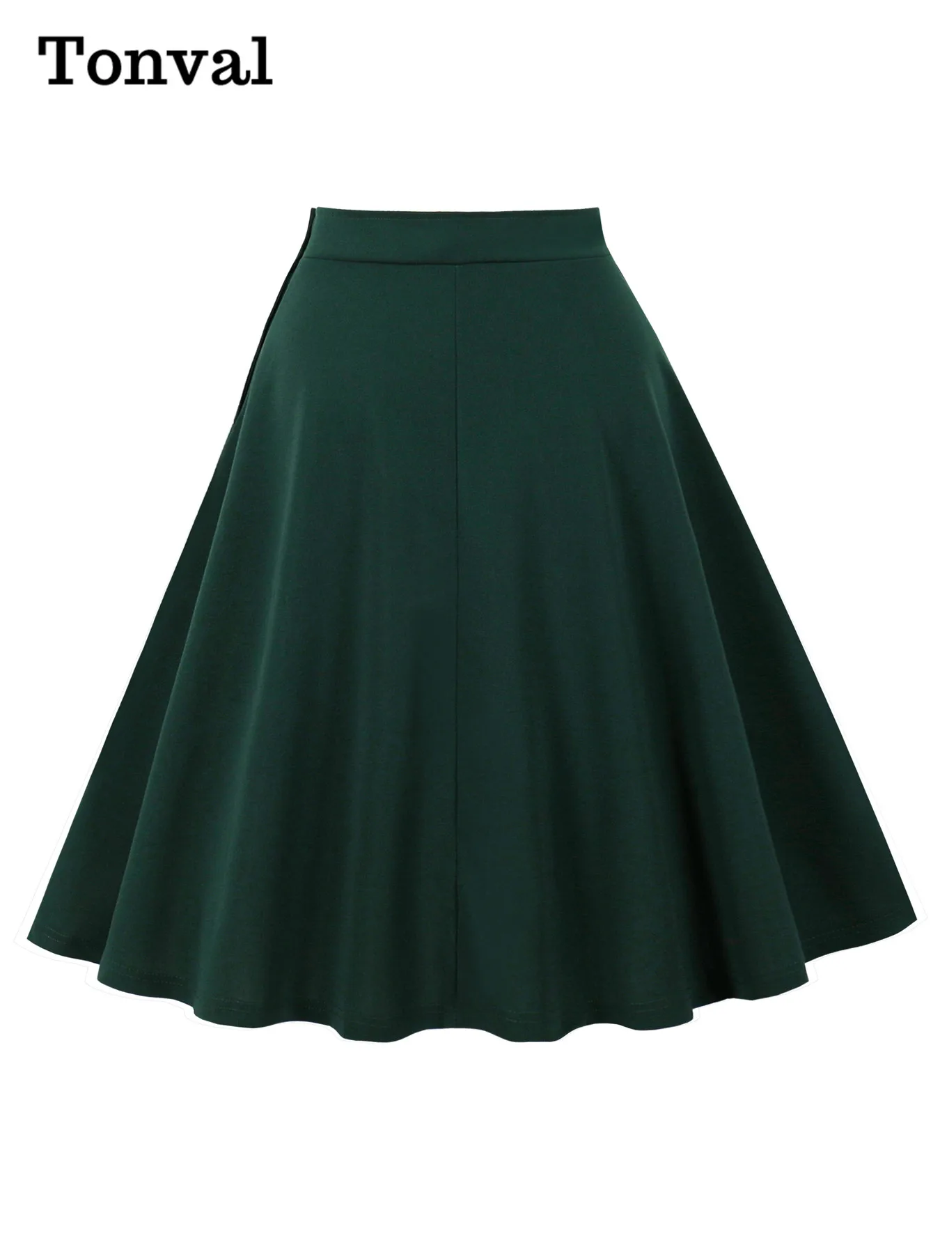 Tonval One Pocket Front Buttons Side Swing Skirt 2025 Vintage Clothes for Women Green Elegant Plain Skirts