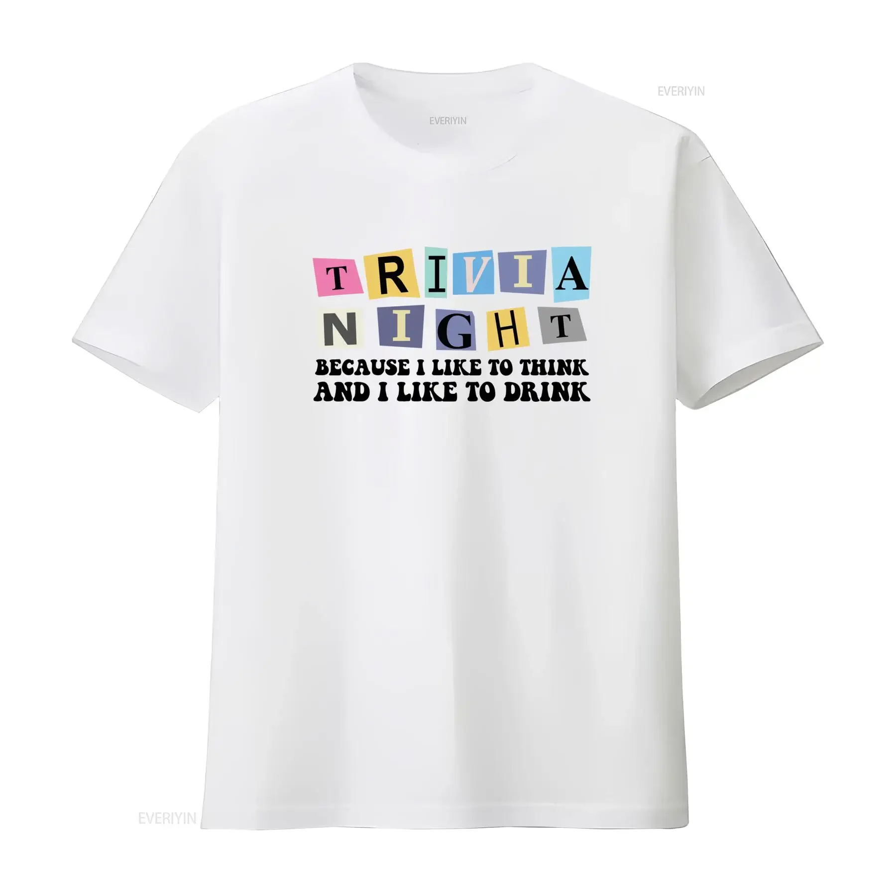 Retro Colorful Patch Letter Trivia Night Print Casual T Shirt vintage Washed homme Stretched Top For Everyday Wear Unisex