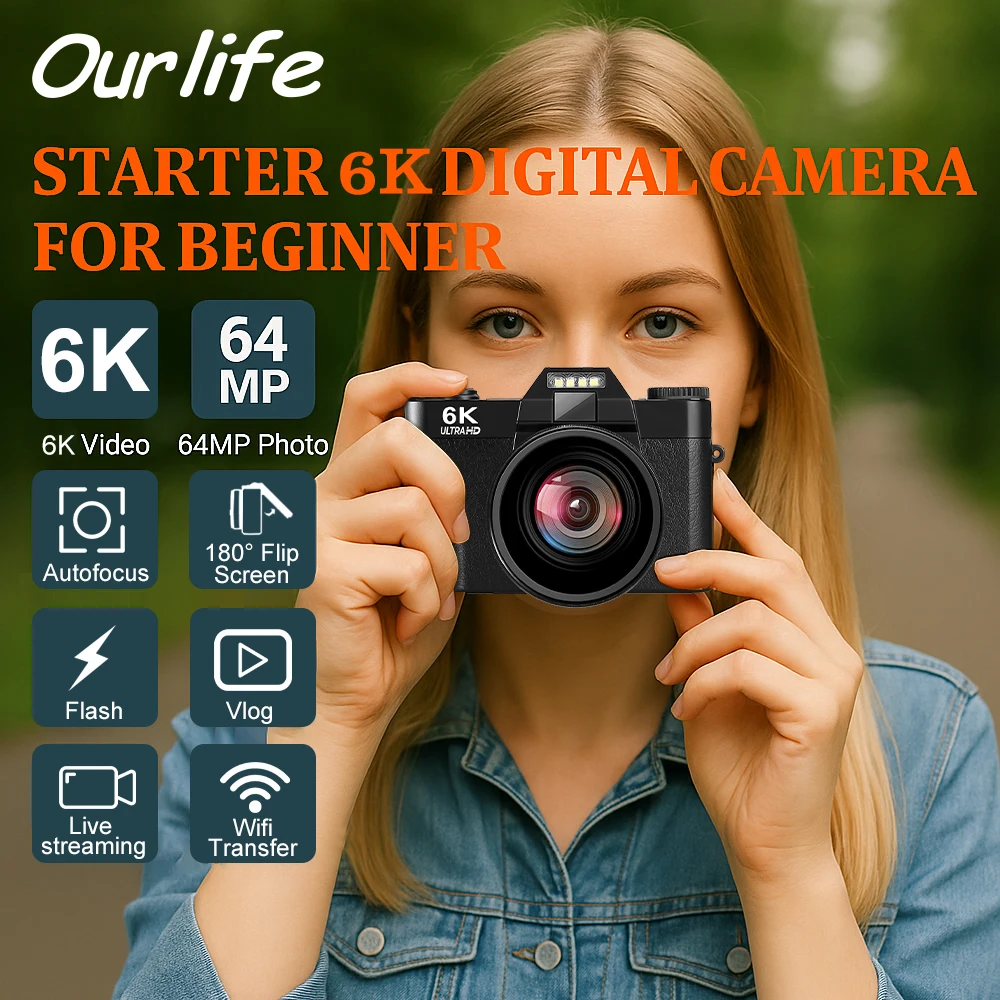 Ourlife Compact Digital Photography Camera 6K WIFI WebCam Vintage Vlog Video Recorder YouTube 64MP Camcorder 16X Zoom Camera